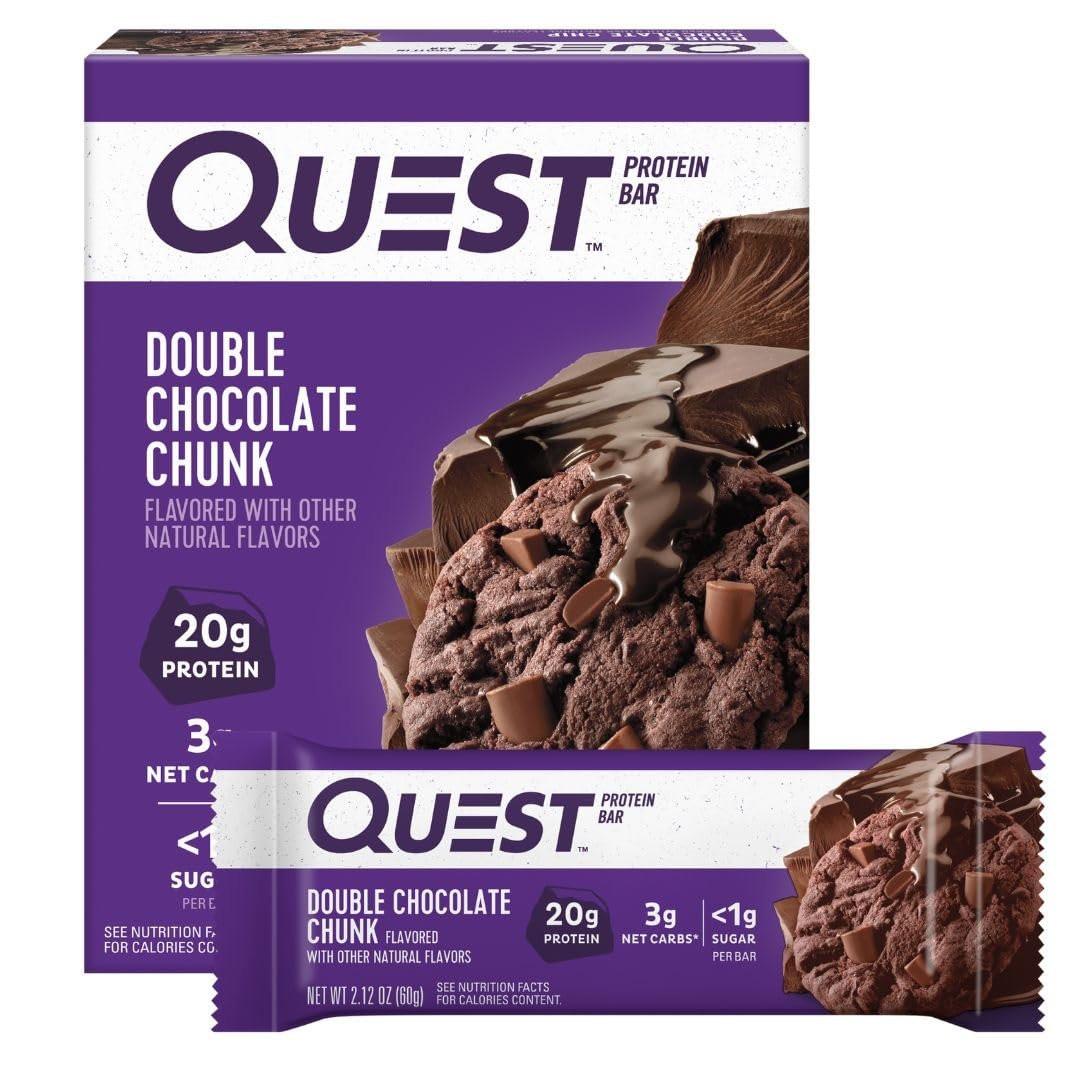 Quest Nutrition Doppel-Schokoladenstückchen Proteinriegel, 20 g Protein, 1 g Zucker, 4 g Netto-Kohlenhydrate, glutenfrei, keto-freundlich, 4er-Pack