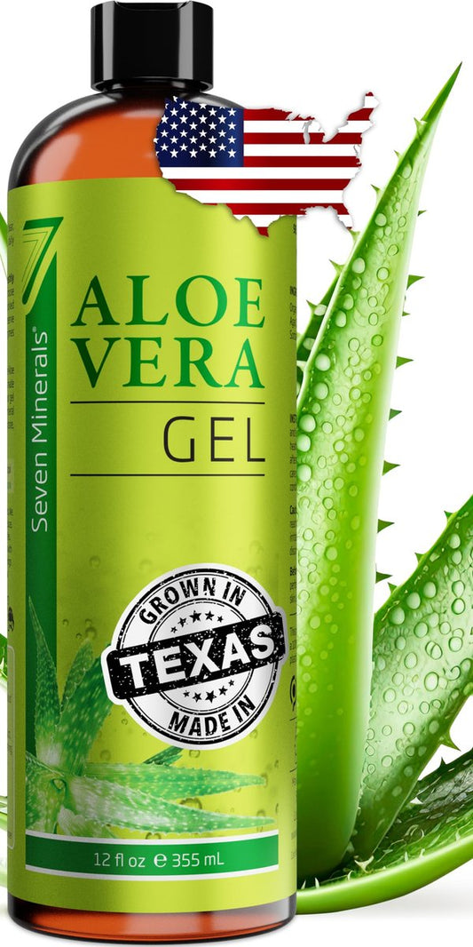 Seven Minerals Bio-Aloe Vera Gel aus frisch geschnittener 100% reiner Aloe - Große 12oz - Höchste Qualität, aus Texas, vegan, unparfümiert - Für Gesicht, Haut, Haare, Sonnenbrandlinderung