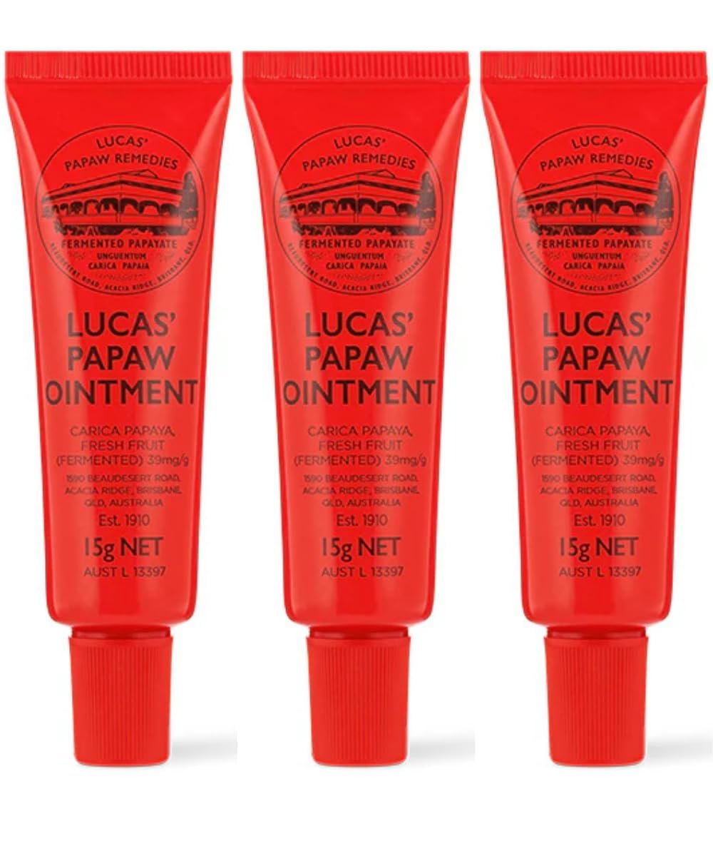 Lucas Papaw Salbe 15g Tuben mit Lippenapplikator — 3er Pack — Fermentierte Papaya Lippenpflege für trockene, rissige Lippen, Reisegröße, hergestellt in Australien