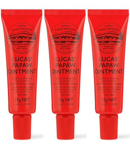 Lucas Papaw Salbe 15g Tuben mit Lippenapplikator — 3er Pack — Fermentierte Papaya Lippenpflege für trockene, rissige Lippen, Reisegröße, hergestellt in Australien