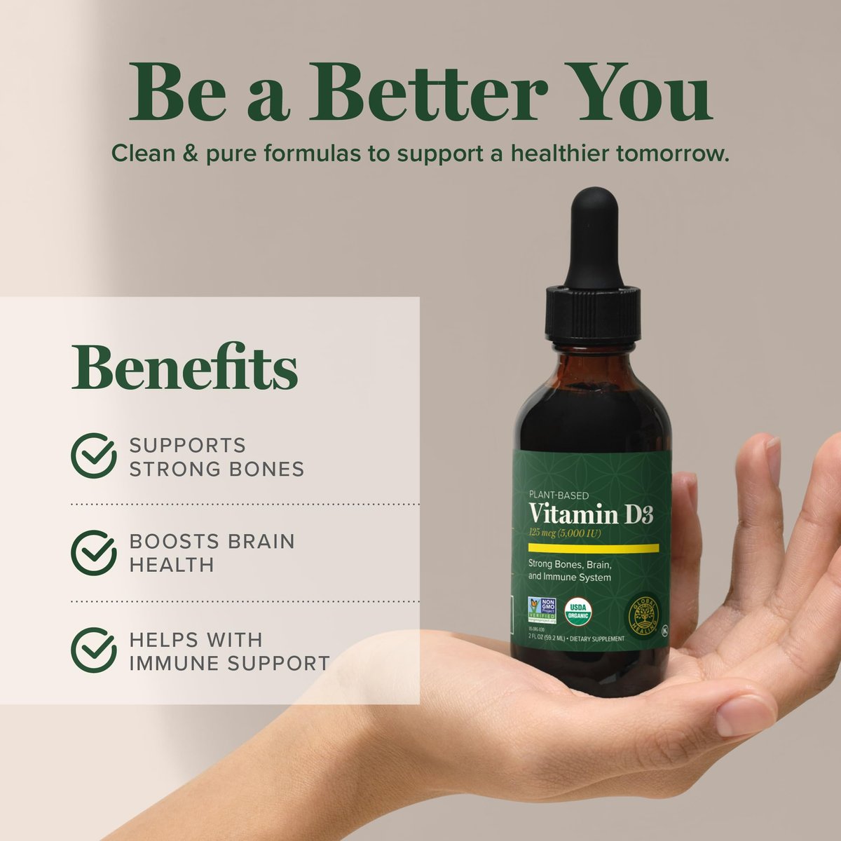Global Healing Organic Vitamin D3 5000 IE - Vegane Vitamin D Tropfen für Immunsystem & Knochenstärke - Reine D3 5000 IE, 60 ml