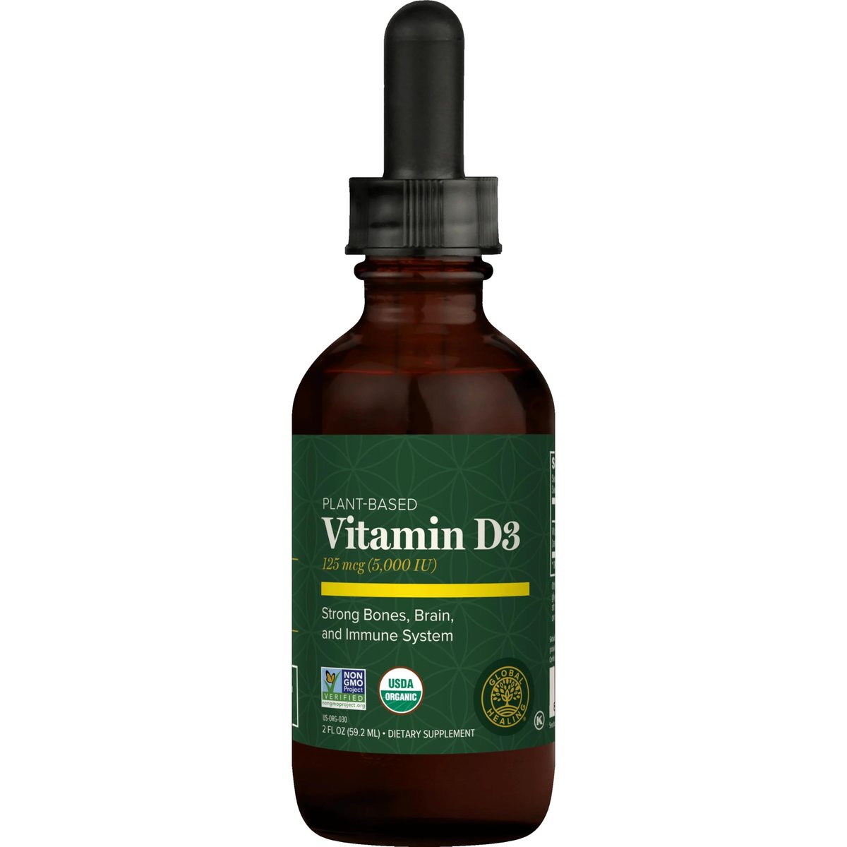 Global Healing Organic Vitamin D3 5000 IE - Vegane Vitamin D Tropfen für Immunsystem & Knochenstärke - Reine D3 5000 IE, 60 ml