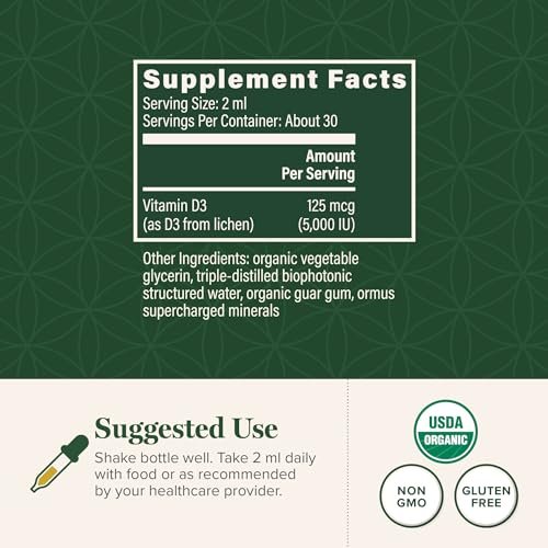 Global Healing Organic Vitamin D3 5000 IE - Vegane Vitamin D Tropfen für Immunsystem & Knochenstärke - Reine D3 5000 IE, 60 ml