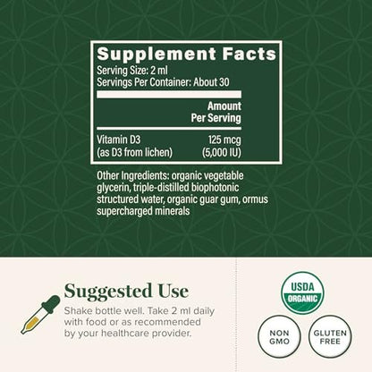Global Healing Organic Vitamin D3 5000 IE - Vegane Vitamin D Tropfen für Immunsystem & Knochenstärke - Reine D3 5000 IE, 60 ml
