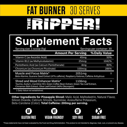 JNX SPORTS The Ripper! Fatburner Pre Workout für Männer & Frauen – Thermogenes Fettverbrennungspulver & Appetitzügler, steigert Energie & Ausdauer – Ananas Shred, 30 Portionen