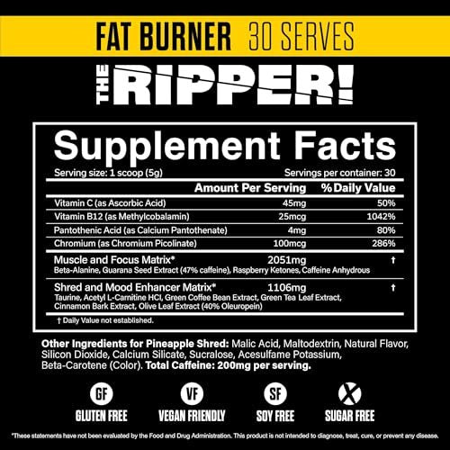 JNX SPORTS The Ripper! Fatburner Pre Workout für Männer & Frauen – Thermogenes Fettverbrennungspulver & Appetitzügler, steigert Energie & Ausdauer – Ananas Shred, 30 Portionen