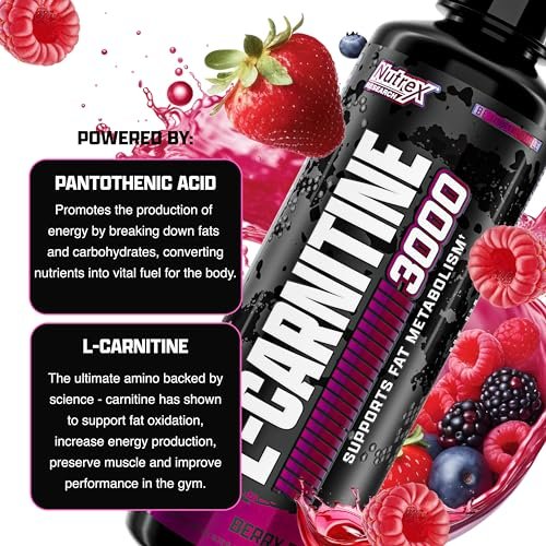 Nutrex Research L-Carnitin 3000 (31 Portionen, Berry Blast) – Flüssige Shots ohne Stimulanzien, unterstützt die Muskelregeneration für Männer und Frauen