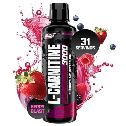 Nutrex Research L-Carnitin 3000 (31 Portionen, Berry Blast) – Flüssige Shots ohne Stimulanzien, unterstützt die Muskelregeneration für Männer und Frauen