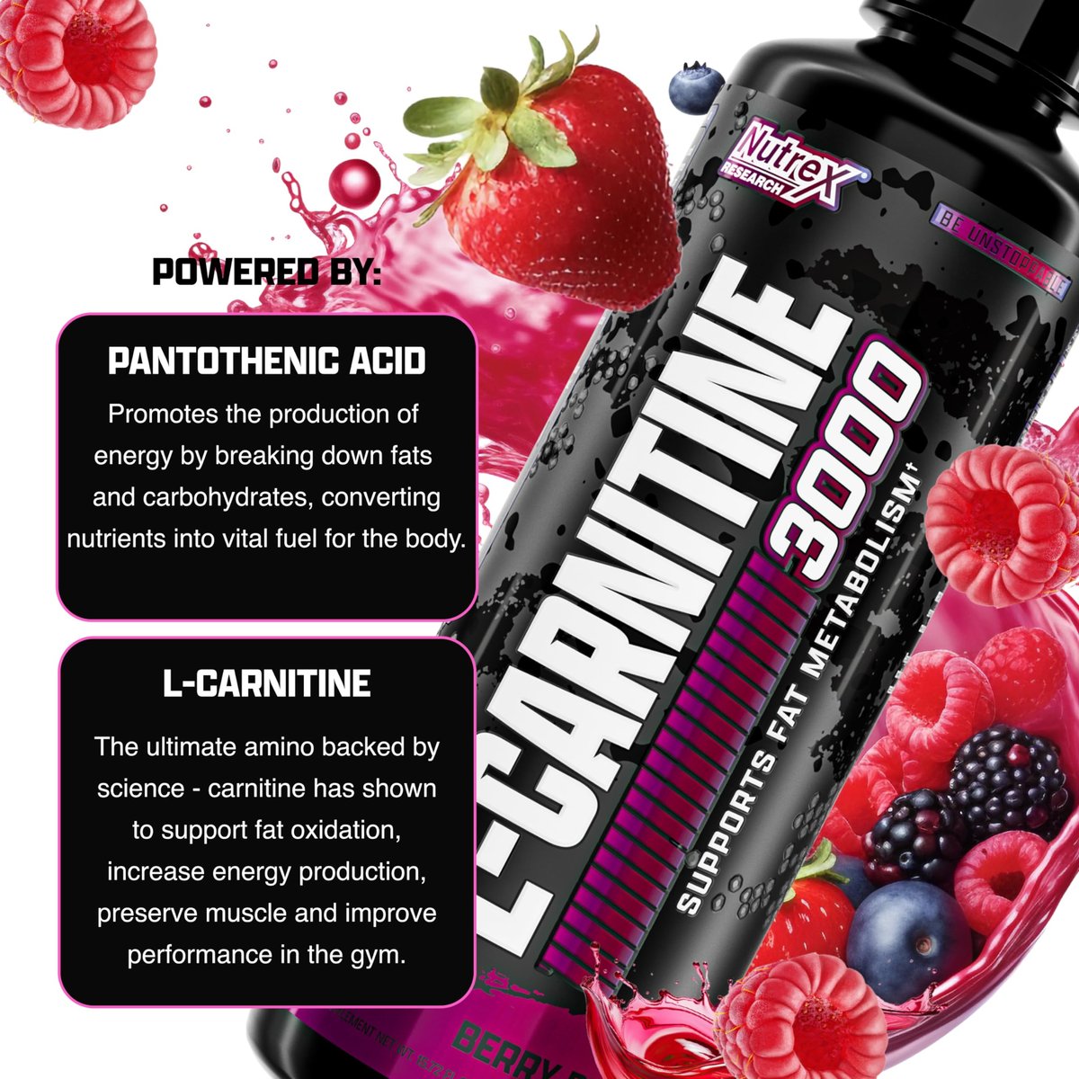 Nutrex Research L-Carnitin 3000 (31 Portionen, Berry Blast) – Flüssige Shots ohne Stimulanzien, unterstützt die Muskelregeneration für Männer und Frauen