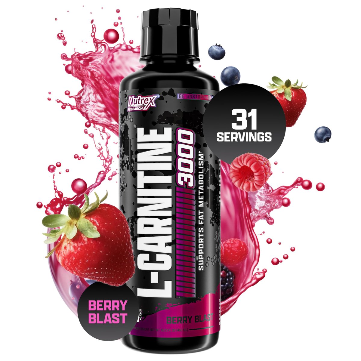 Nutrex Research L-Carnitin 3000 (31 Portionen, Berry Blast) – Flüssige Shots ohne Stimulanzien, unterstützt die Muskelregeneration für Männer und Frauen