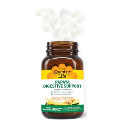 Country Life, Papaya-Verdauungsunterstützung, Tägliche Enzyme zur Förderung der Verdauungsgesundheit und Nährstoffaufnahme, 200 Tabletten
