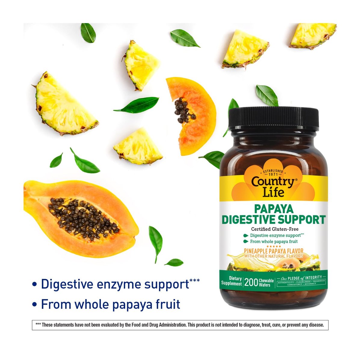 Country Life, Papaya-Verdauungsunterstützung, Tägliche Enzyme zur Förderung der Verdauungsgesundheit und Nährstoffaufnahme, 200 Tabletten