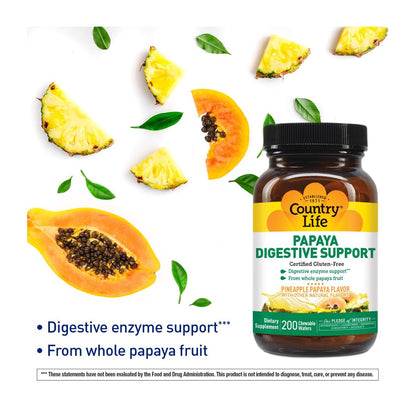 Country Life, Papaya-Verdauungsunterstützung, Tägliche Enzyme zur Förderung der Verdauungsgesundheit und Nährstoffaufnahme, 200 Tabletten