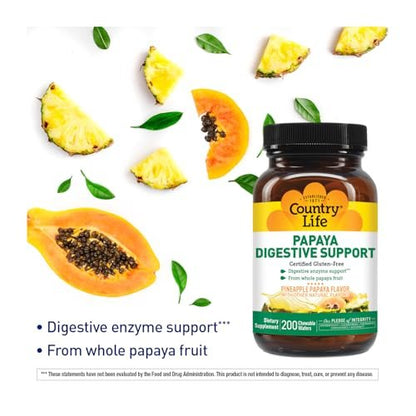 Country Life, Papaya-Verdauungsunterstützung, Tägliche Enzyme zur Förderung der Verdauungsgesundheit und Nährstoffaufnahme, 200 Tabletten