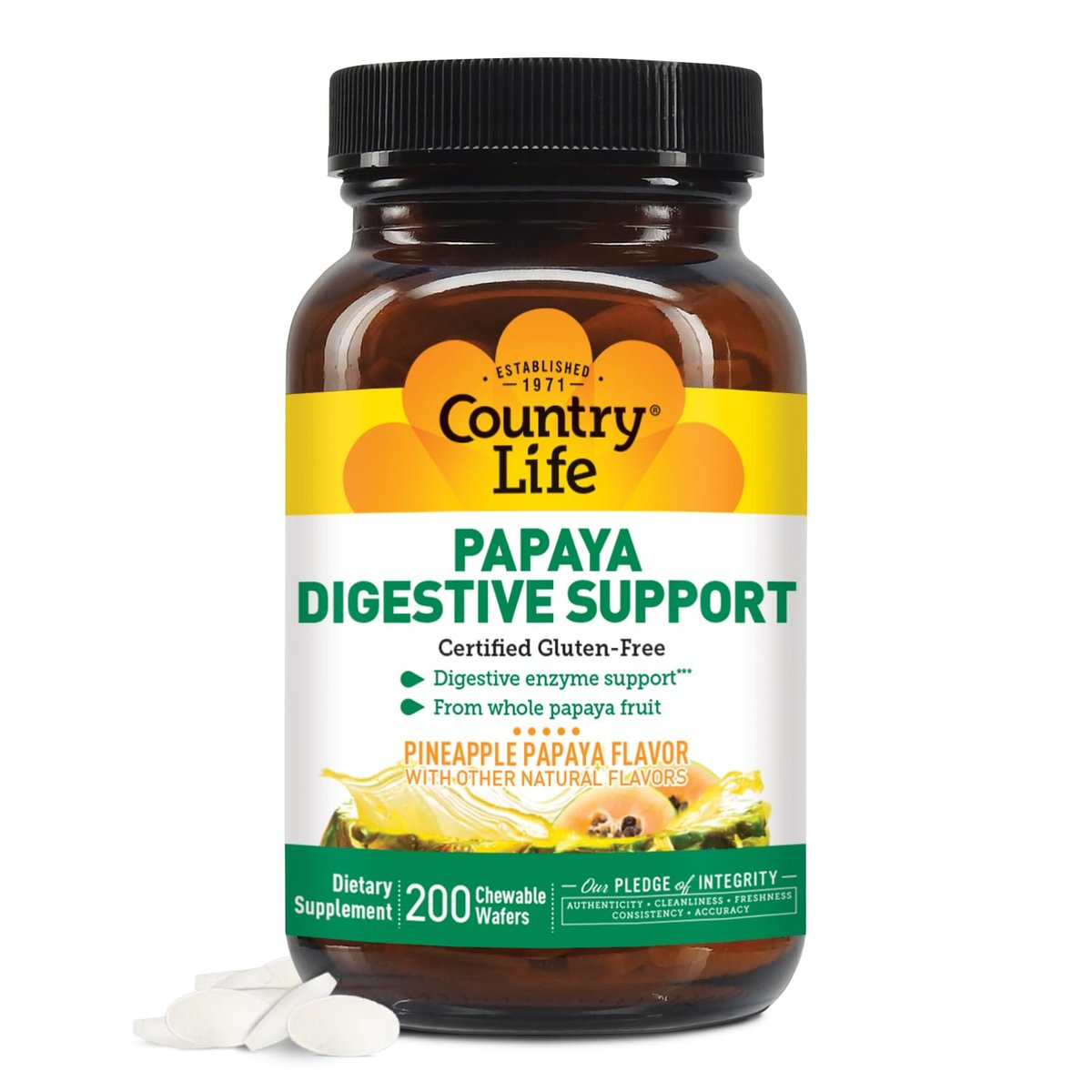 Country Life, Papaya-Verdauungsunterstützung, Tägliche Enzyme zur Förderung der Verdauungsgesundheit und Nährstoffaufnahme, 200 Tabletten