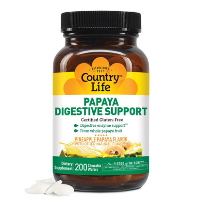 Country Life, Papaya-Verdauungsunterstützung, Tägliche Enzyme zur Förderung der Verdauungsgesundheit und Nährstoffaufnahme, 200 Tabletten