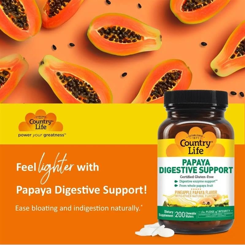 Country Life, Papaya-Verdauungsunterstützung, Tägliche Enzyme zur Förderung der Verdauungsgesundheit und Nährstoffaufnahme, 200 Tabletten