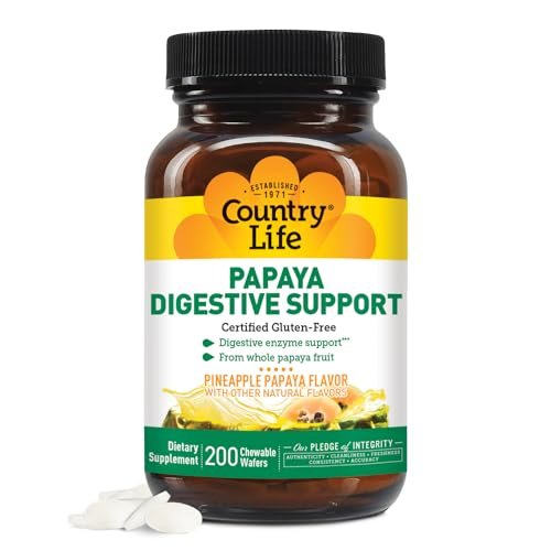 Country Life, Papaya-Verdauungsunterstützung, Tägliche Enzyme zur Förderung der Verdauungsgesundheit und Nährstoffaufnahme, 200 Tabletten
