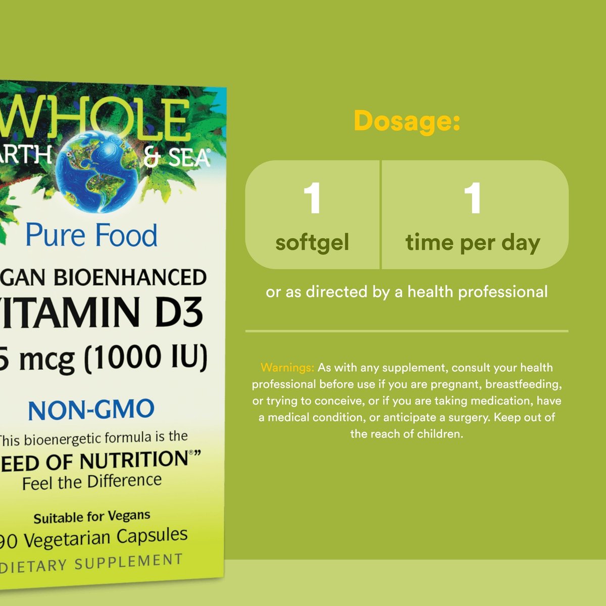 Natural Factors Whole Earth & Sea Vitamin D3 – Vegane Nahrungsergänzung für starke Knochen & Gelenke, unterstützt Calcium-Aufnahme, Non-GMO, 90 Kapseln