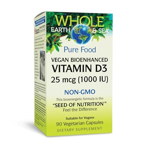 Natural Factors Whole Earth & Sea Vitamin D3 – Vegane Nahrungsergänzung für starke Knochen & Gelenke, unterstützt Calcium-Aufnahme, Non-GMO, 90 Kapseln