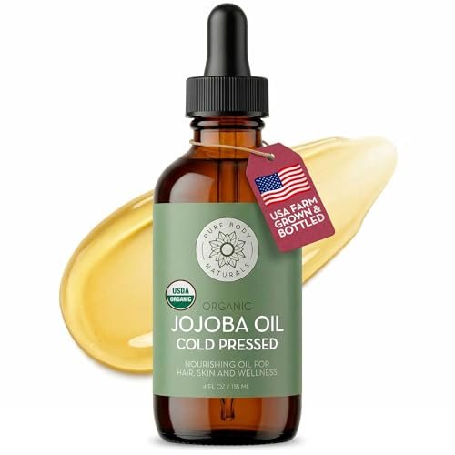 Pure Body Naturals Bio Jojobaöl, 118 ml – 100% rein, biologisch, aus den USA, kaltgepresstes Jojobaöl für Haut, Gesicht, Nägel und Haare – Trägeröl zum Mischen mit ätherischen Ölen
