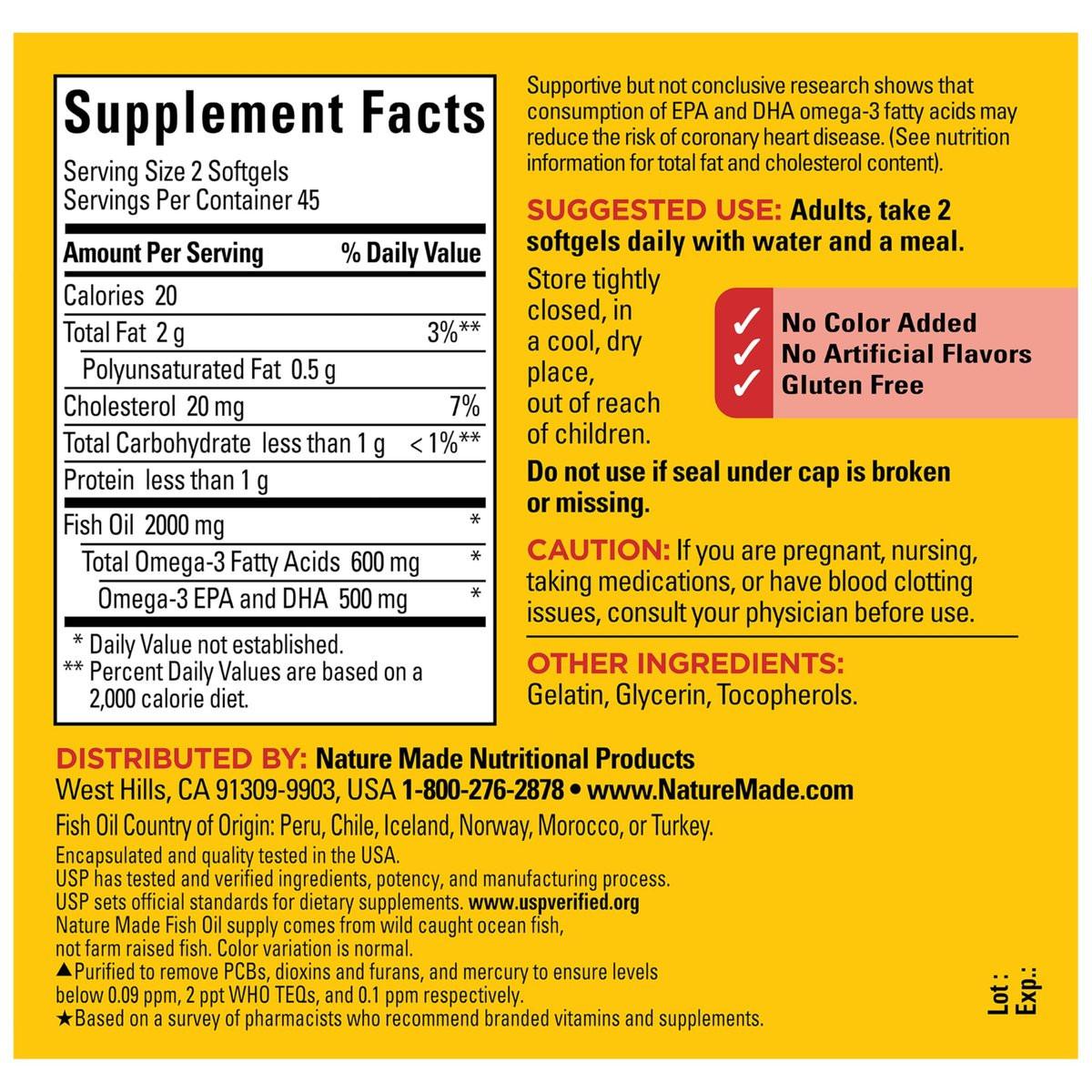 Nature Made Fischöl Omega 3 Nahrungsergänzungsmittel, 1000 mg Weichkapseln, Omega 3 Fischöl für gesunde Herzunterstützung, 90 Weichkapseln, 45-Tage-Versorgung
