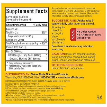 Nature Made Fischöl Omega 3 Nahrungsergänzungsmittel, 1000 mg Weichkapseln, Omega 3 Fischöl für gesunde Herzunterstützung, 90 Weichkapseln, 45-Tage-Versorgung
