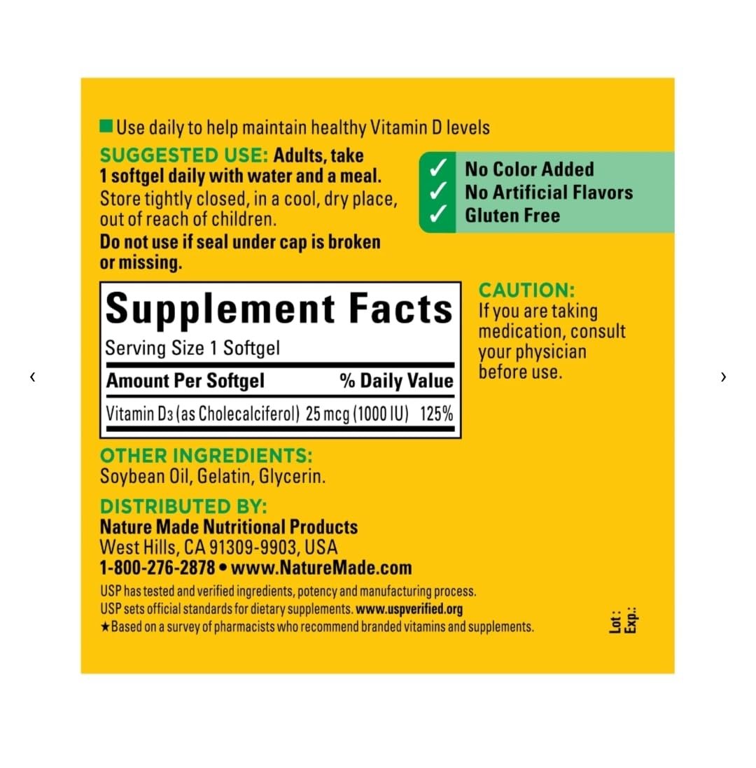 Vitamin D3 1000 IE (25 µg) – 300 Softgels – Unterstützt Immunsystem, Knochen & Zähne und Muskelfunktion – 125 % des Tagesbedarfs