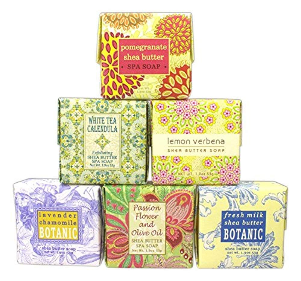 Set von 6 Greenwich Bay Trading Co. Seifen – 1,9 oz Seifen in den Düften: Frische Milch, Zitronenverbene, Weißer Tee Ringelblume, Lavendel Kamille, Granatapfel Sheabutter und Passionsblume