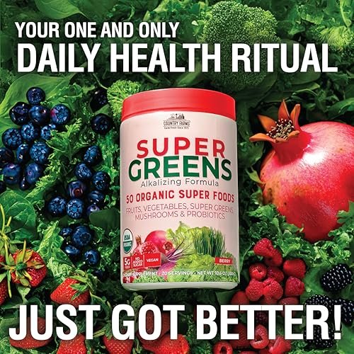 Country Farms Organic Super Greens Berry Geschmack – 50 organische Superfoods, Ballaststoffe, USDA Bio Drink Mix, Früchte, Gemüse, Pilze & Probiotika, unterstützt Energie, 5g Ballaststoffe