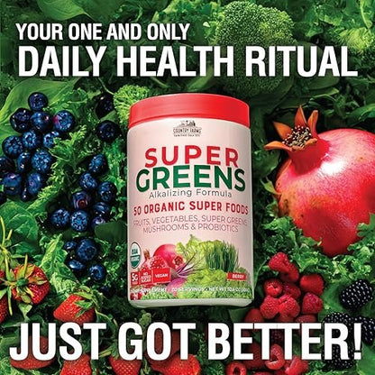Country Farms Organic Super Greens Berry Geschmack – 50 organische Superfoods, Ballaststoffe, USDA Bio Drink Mix, Früchte, Gemüse, Pilze & Probiotika, unterstützt Energie, 5g Ballaststoffe