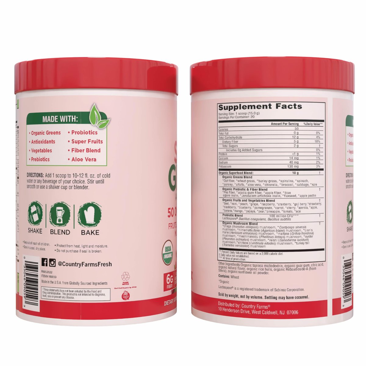 Country Farms Organic Super Greens Berry Geschmack – 50 organische Superfoods, Ballaststoffe, USDA Bio Drink Mix, Früchte, Gemüse, Pilze & Probiotika, unterstützt Energie, 5g Ballaststoffe