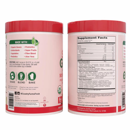 Country Farms Organic Super Greens Berry Geschmack – 50 organische Superfoods, Ballaststoffe, USDA Bio Drink Mix, Früchte, Gemüse, Pilze & Probiotika, unterstützt Energie, 5g Ballaststoffe