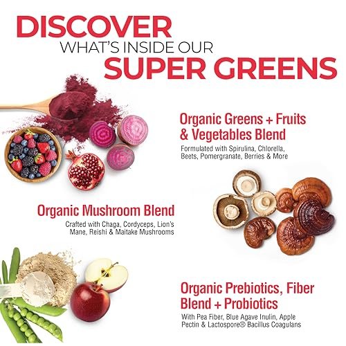 Country Farms Organic Super Greens Berry Geschmack – 50 organische Superfoods, Ballaststoffe, USDA Bio Drink Mix, Früchte, Gemüse, Pilze & Probiotika, unterstützt Energie, 5g Ballaststoffe
