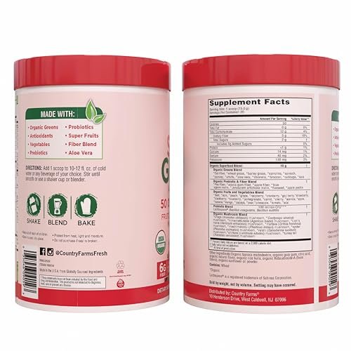 Country Farms Organic Super Greens Berry Geschmack – 50 organische Superfoods, Ballaststoffe, USDA Bio Drink Mix, Früchte, Gemüse, Pilze & Probiotika, unterstützt Energie, 5g Ballaststoffe