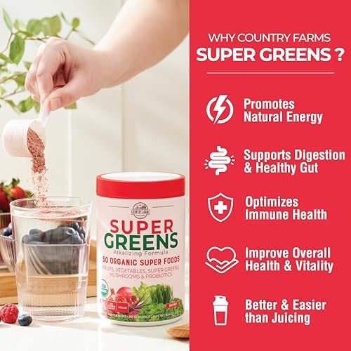 Country Farms Organic Super Greens Berry Geschmack – 50 organische Superfoods, Ballaststoffe, USDA Bio Drink Mix, Früchte, Gemüse, Pilze & Probiotika, unterstützt Energie, 5g Ballaststoffe