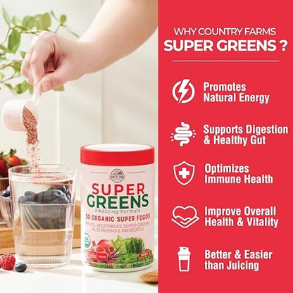 Country Farms Organic Super Greens Berry Geschmack – 50 organische Superfoods, Ballaststoffe, USDA Bio Drink Mix, Früchte, Gemüse, Pilze & Probiotika, unterstützt Energie, 5g Ballaststoffe