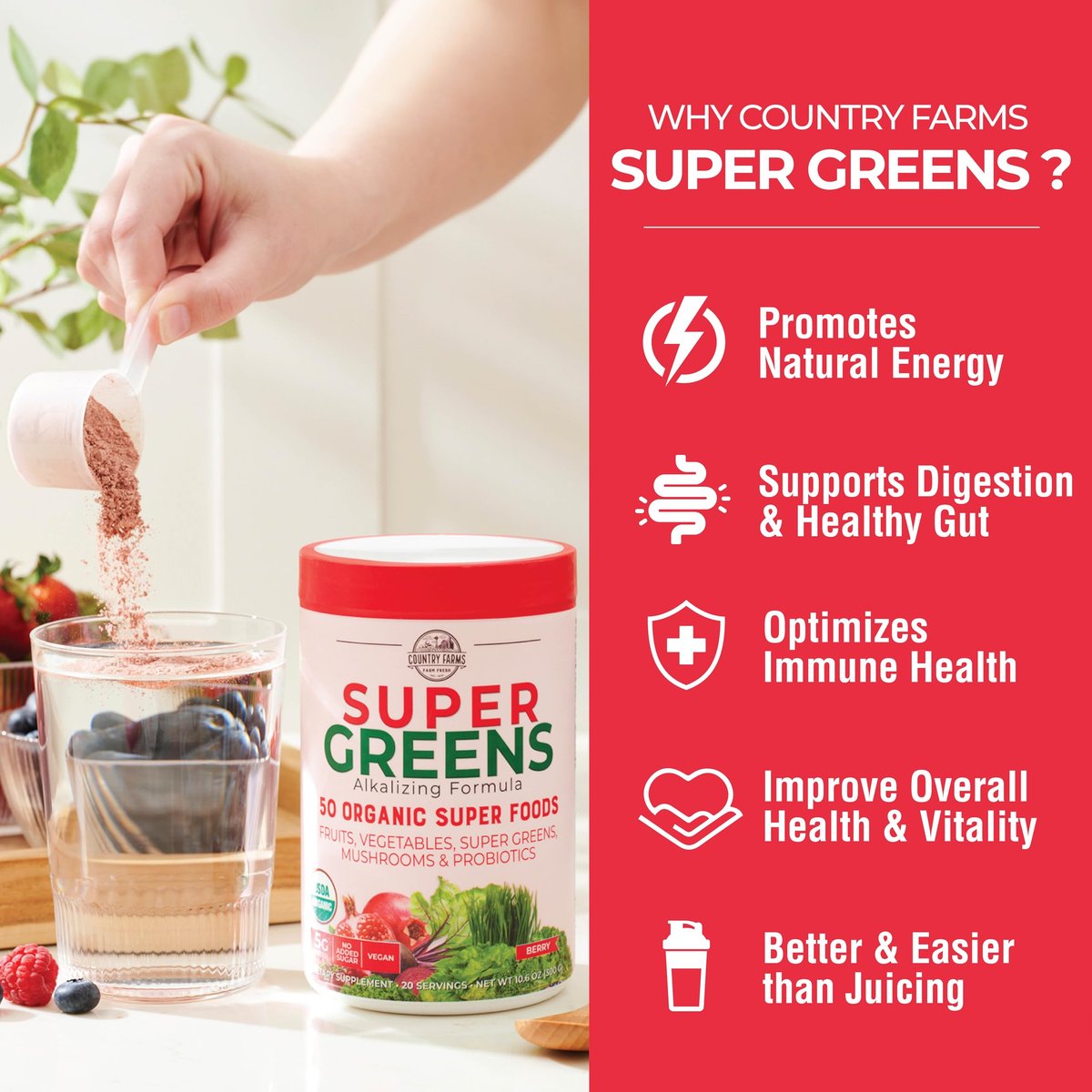 Country Farms Organic Super Greens Berry Geschmack – 50 organische Superfoods, Ballaststoffe, USDA Bio Drink Mix, Früchte, Gemüse, Pilze & Probiotika, unterstützt Energie, 5g Ballaststoffe