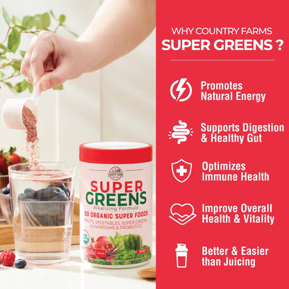 Country Farms Organic Super Greens Berry Geschmack – 50 organische Superfoods, Ballaststoffe, USDA Bio Drink Mix, Früchte, Gemüse, Pilze & Probiotika, unterstützt Energie, 5g Ballaststoffe