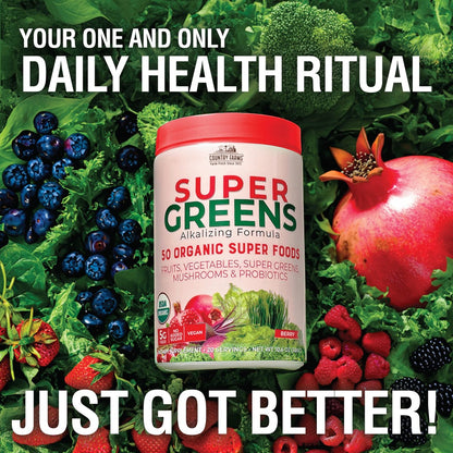 Country Farms Organic Super Greens Berry Geschmack – 50 organische Superfoods, Ballaststoffe, USDA Bio Drink Mix, Früchte, Gemüse, Pilze & Probiotika, unterstützt Energie, 5g Ballaststoffe