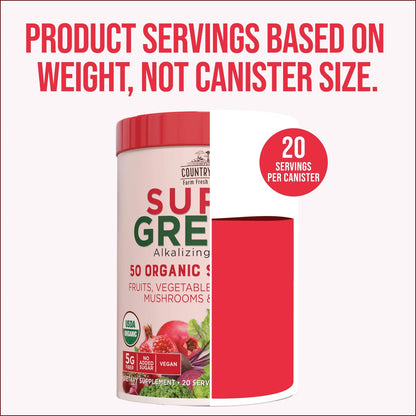 Country Farms Organic Super Greens Berry Geschmack – 50 organische Superfoods, Ballaststoffe, USDA Bio Drink Mix, Früchte, Gemüse, Pilze & Probiotika, unterstützt Energie, 5g Ballaststoffe