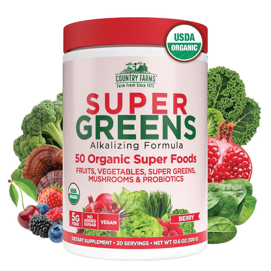 Country Farms Organic Super Greens Berry Geschmack – 50 organische Superfoods, Ballaststoffe, USDA Bio Drink Mix, Früchte, Gemüse, Pilze & Probiotika, unterstützt Energie, 5g Ballaststoffe
