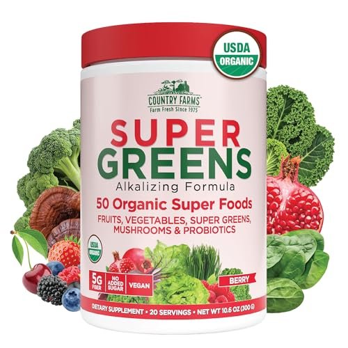Country Farms Organic Super Greens Berry Geschmack – 50 organische Superfoods, Ballaststoffe, USDA Bio Drink Mix, Früchte, Gemüse, Pilze & Probiotika, unterstützt Energie, 5g Ballaststoffe