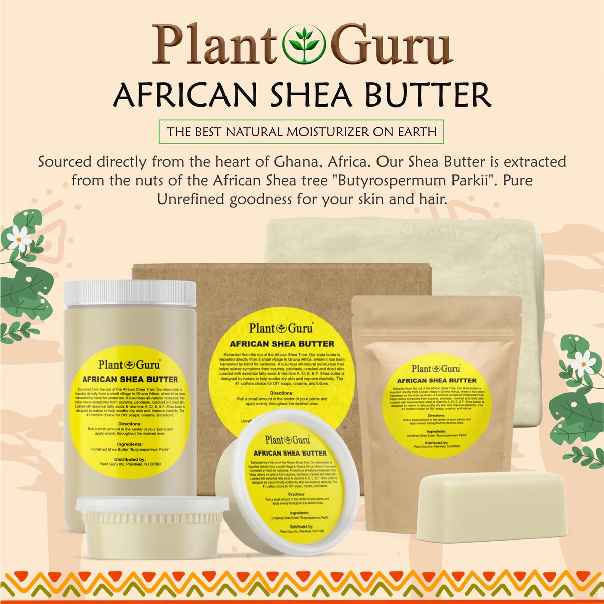 Plant Guru Rohe afrikanische Sheabutter 16 oz – 100% rein, natürlich, unraffiniert, Elfenbein – Ideale Feuchtigkeitscreme für trockene Haut, Körper, Gesicht und Haarwachstum – Perfekt für DIY Seifen- und Lippenbalsamherstellung