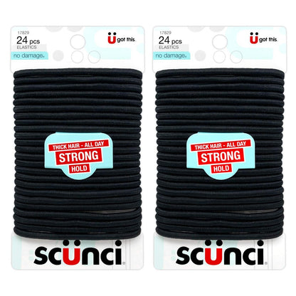 Scunci Schwarze Haargummis für dickes Haar, den ganzen Tag starker Halt ohne Schäden, 5 mm Dicke, 24 Stück pro Packung (2er-Pack)