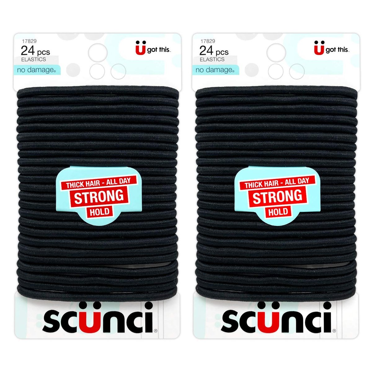 Scunci Schwarze Haargummis für dickes Haar, den ganzen Tag starker Halt ohne Schäden, 5 mm Dicke, 24 Stück pro Packung (2er-Pack)