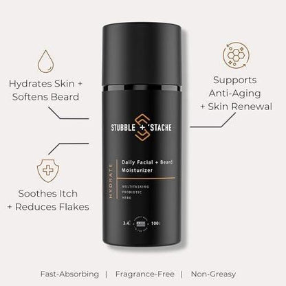 stubble & stache Gesichtsfeuchtigkeitscreme für Männer – Anti-Aging-Creme mit Niacinamid, Hyaluronsäure, Vitamin A – spendet Feuchtigkeit, macht Barthaar weich, 100 ml