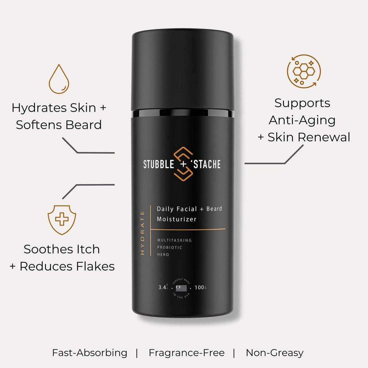 stubble & stache Gesichtsfeuchtigkeitscreme für Männer – Anti-Aging-Creme mit Niacinamid, Hyaluronsäure, Vitamin A – spendet Feuchtigkeit, macht Barthaar weich, 100 ml