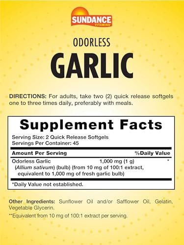 Sundance Geruchsloses Knoblauchöl Softgels | 90 Kapseln | Nicht-GVO und glutenfrei
