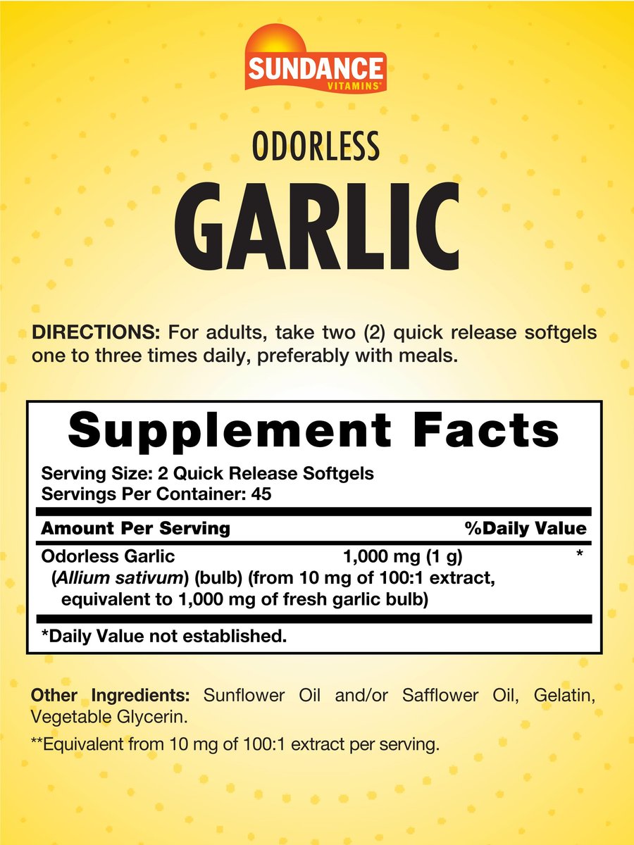 Sundance Geruchsloses Knoblauchöl Softgels | 90 Kapseln | Nicht-GVO und glutenfrei